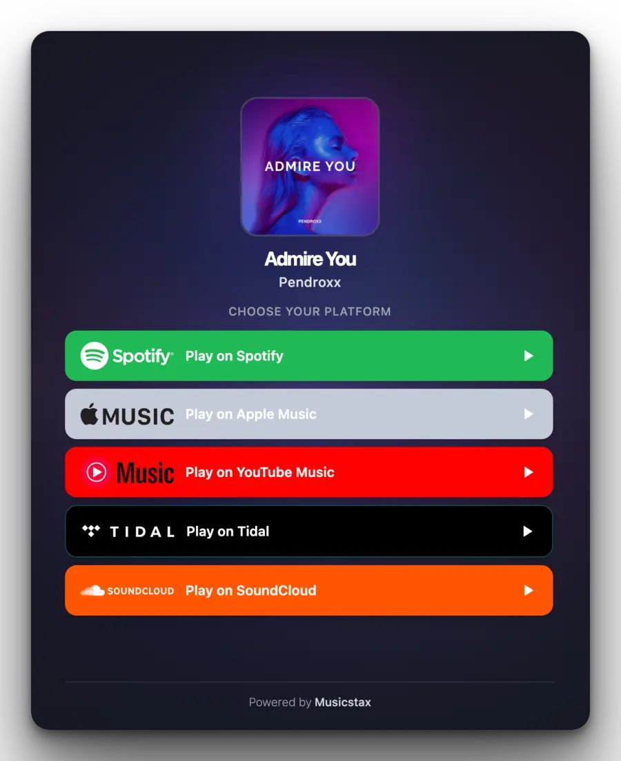 Musicstax Smart Link release page with store buttons and analytics